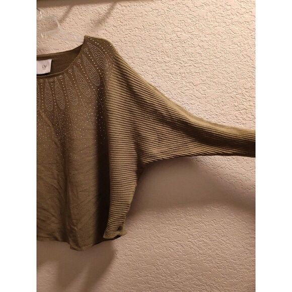 LIV Milano Pullover Sweater Olive Green Rhinestones Women’s XL Viscose Blend - Picture 4 of 6